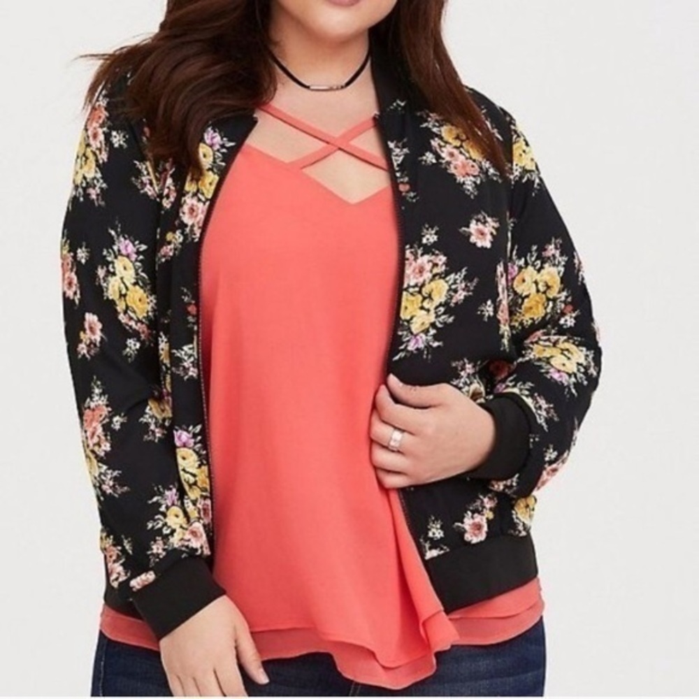 Torrid black floral lightweight semi sheer bomber jacket 0 large